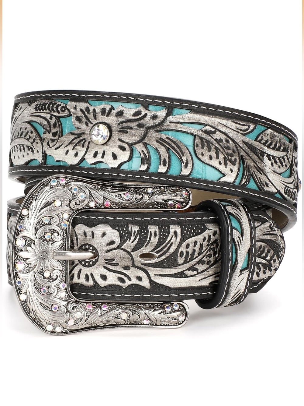 Western Black Leather Belt Turquoise Filigree Silver Rhinestone Buckle SM